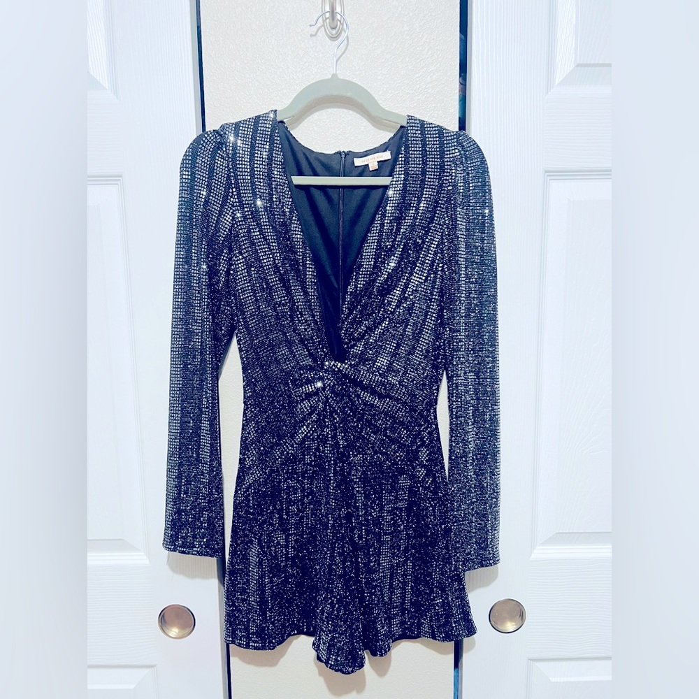 Skies Are Blue Silver Grey Striped Sequin Long Sleeve Romper